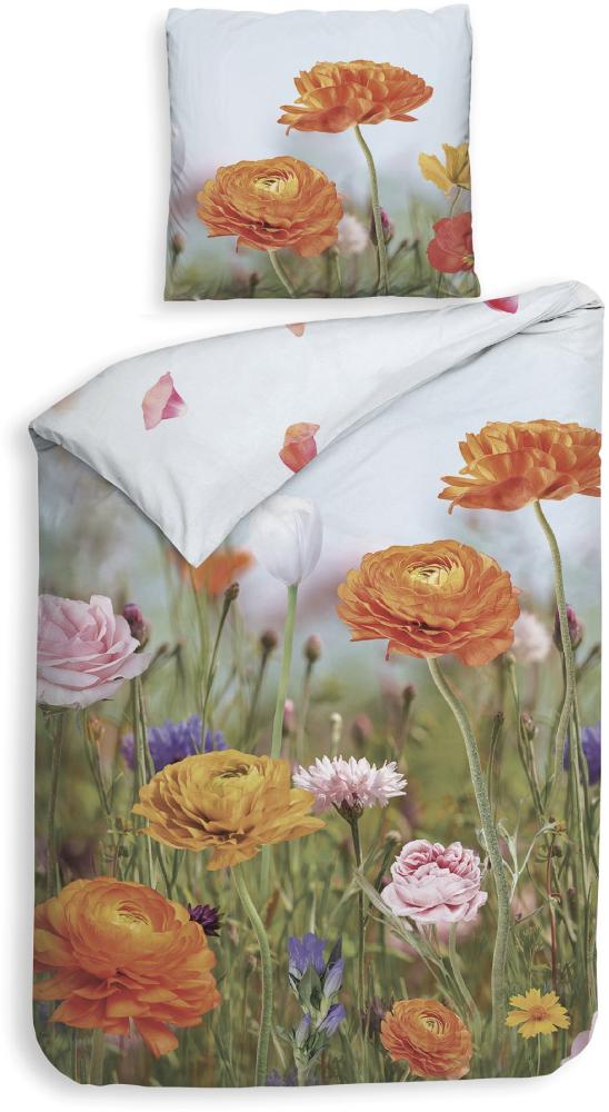 Heckett & Lane Mako-Satin Bettwäsche 155x220 Sonja Blumen Wiese orange rosa Bild 1