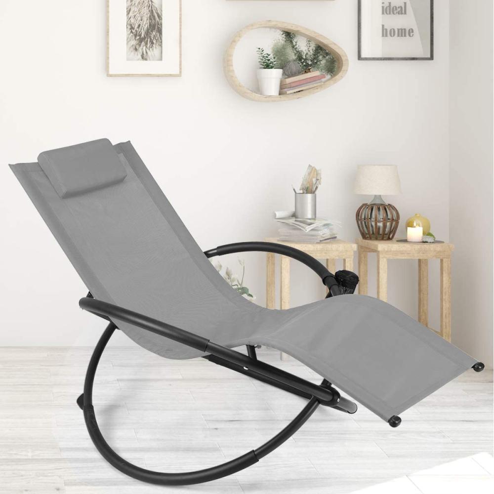 COSTWAY Schaukelliege tragbar Liegestuhl Outdoor klappbare Relaxliege mit Abnehmbarer Kopfstütze & Getränkehalter für Camping Grau Bild 1