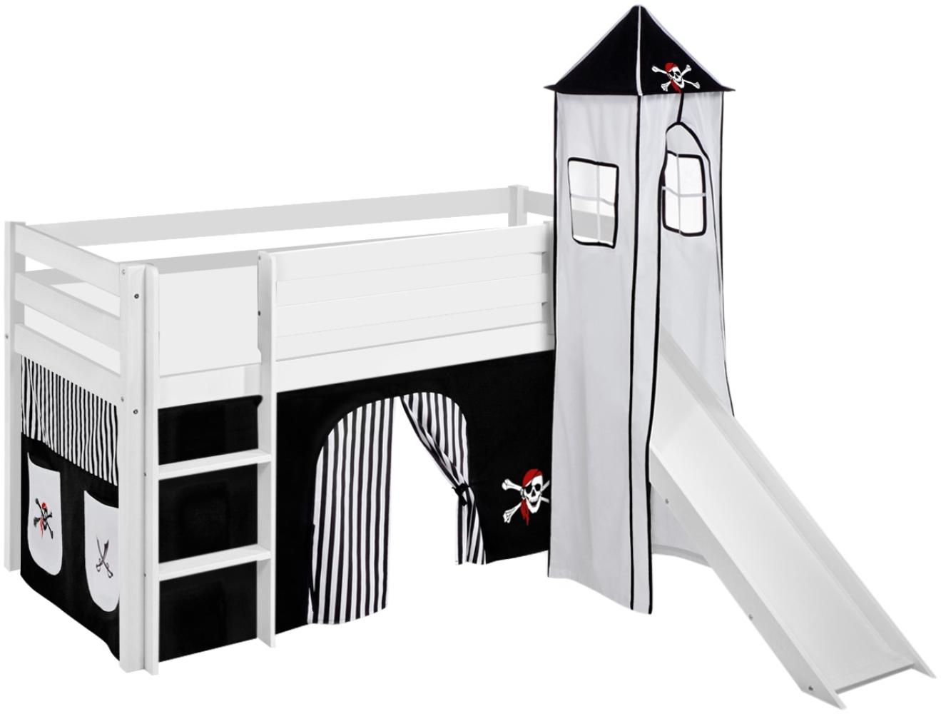 Lilokids 'Jelle' Spielbett 90 x 190 cm, Pirat Schwarz Weiß, Kiefer massiv, mit Turm, Rutsche und Vorhang Bild 1
