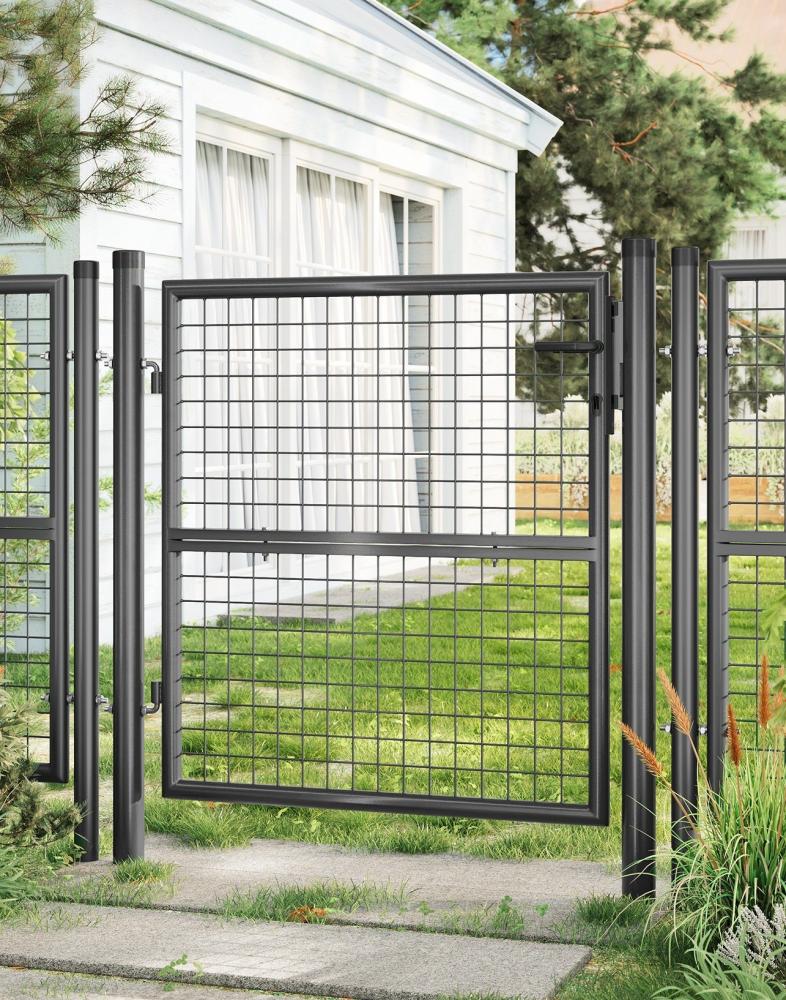 SONGMICS Gartentor, Gartentür, verzinkter Stahl, abschließbar, Tür 106 x 100 cm (B x H), rundes Rohr, grau Bild 1