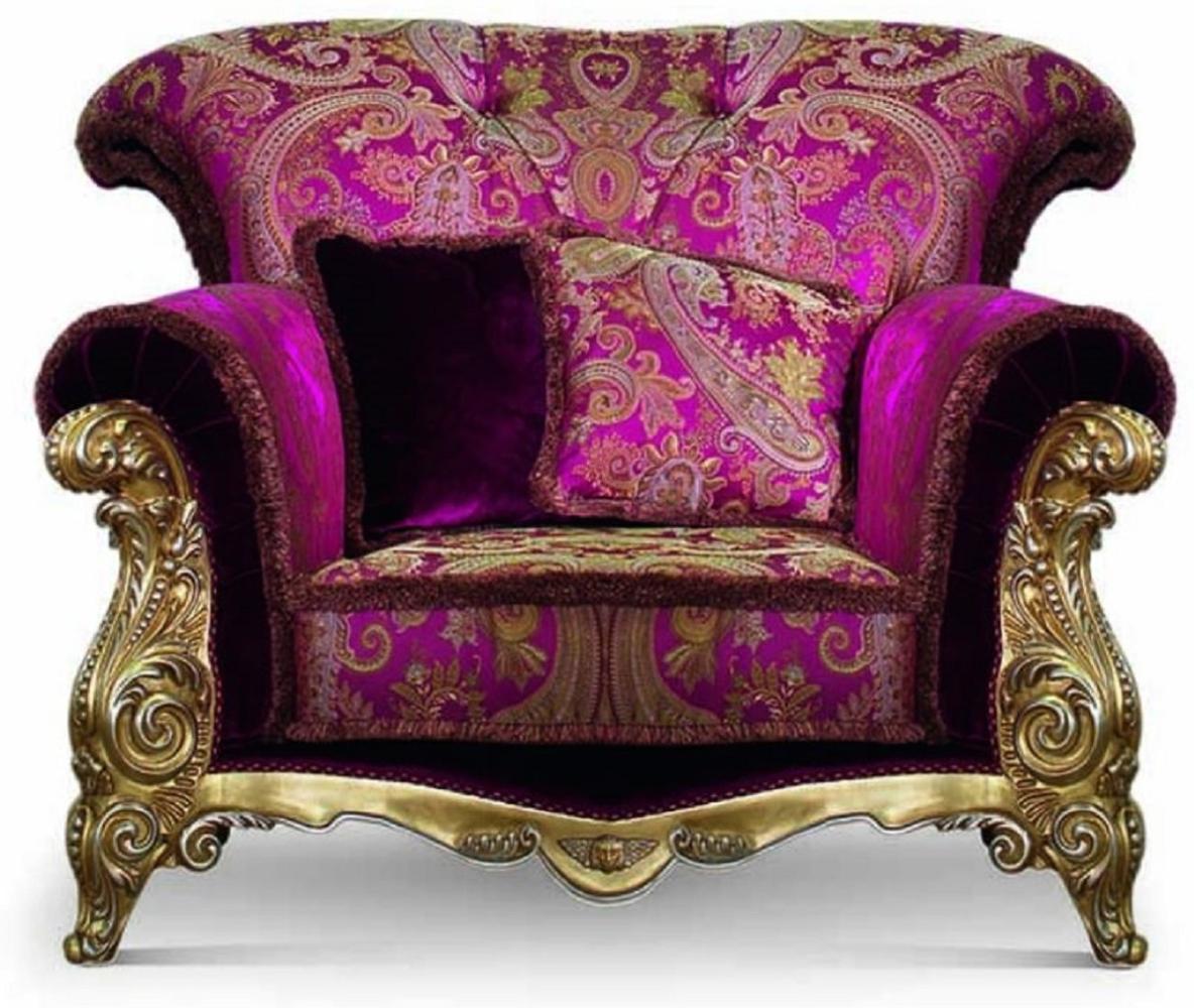 Casa Padrino Luxus Barock Sessel Lila / Gold - Barockstil Wohnzimmer Sessel mit elegantem Muster - Barock Möbel - Barock Wohnzimmer & Hotel Möbel - Luxus Qualität - Made in Italy Bild 1