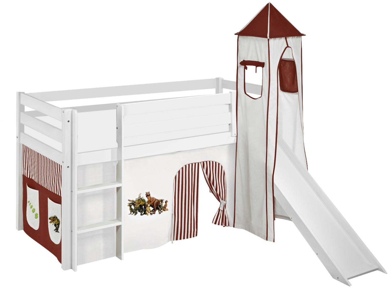 Lilokids 'Jelle' Spielbett 90 x 190 cm, Dinos Braun Beige, Kiefer massiv, mit Turm, Rutsche und Vorhang Bild 1
