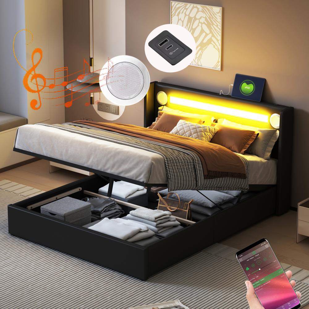 Merax Polsterbett 160x200 Bett mit LED-Lichtleiste, Bluetooth-Player und USB-Aufladung, Stauraumbett aus PU-Leder, Hochbettkasten, Doppelbett mit Lattenrost Schwarz Bild 1