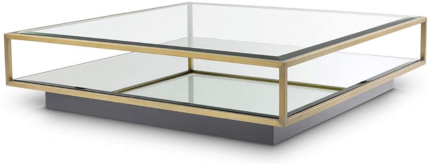Casa Padrino Luxus Couchtisch Messingfarben / Schwarz 120 x 120 x H. 30 cm - Quadratischer Edelstahl Wohnzimmertisch mit Spiegelglas und Glasplatte - Wohnzimmer Möbel - Luxus Qualität Bild 1