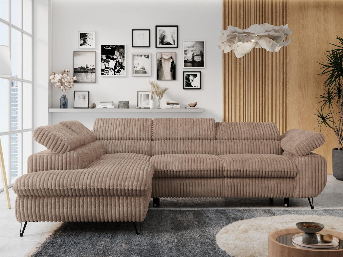 Ecksofa mit Bettfunktion, Modern Sofa, L-form, Einstellbare Kopfstützen, Bettkasten - PETER - Braun Cord - links Bild 1