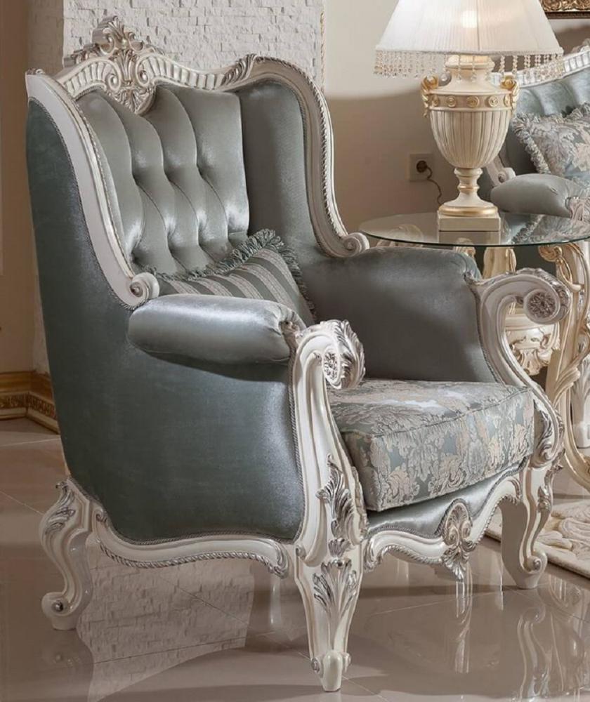 Casa Padrino Luxus Barock Sessel Grün / Beige / Weiß / Silber - Prunkvoller Wohnzimmer Sessel mit elegantem Muster - Barock Möbel - Luxus Wohnzimmer Möbel im Barockstil - Edel & Prunkvoll Bild 1