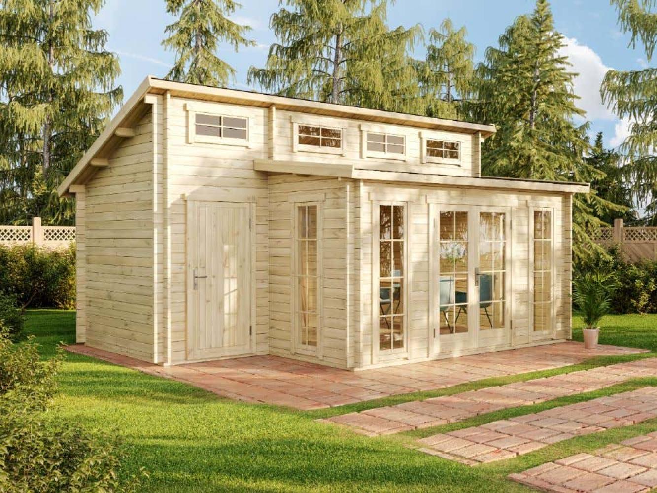 Alpholz Gartenhaus Lausitz ISO mit Anbau Gartenhaus aus Holz in Braun Holzhaus mit 70 mm Wandstärke Blockbohlenhaus mit Montagematerial Bild 1