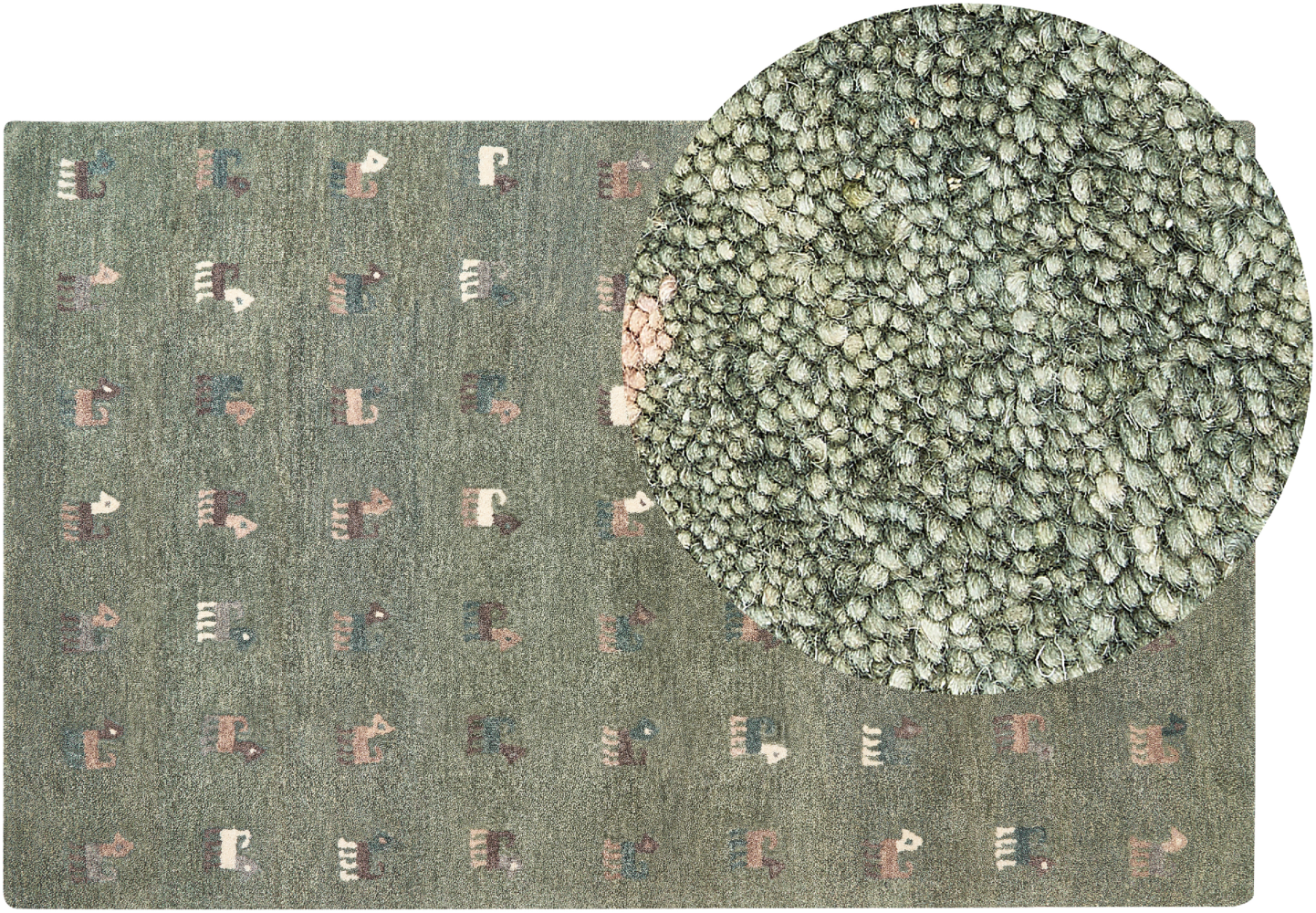 Gabbeh Teppich Wolle grün 140 x 200 cm Tiermuster Hochflor KIZARLI Bild 1