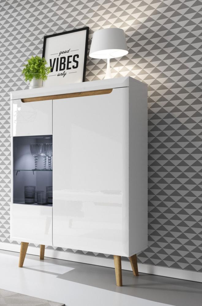 Highboard "Nordi" Vitrinenschrank 90cm weiß Hochglanz riviera eiche MDF grifflos Bild 1