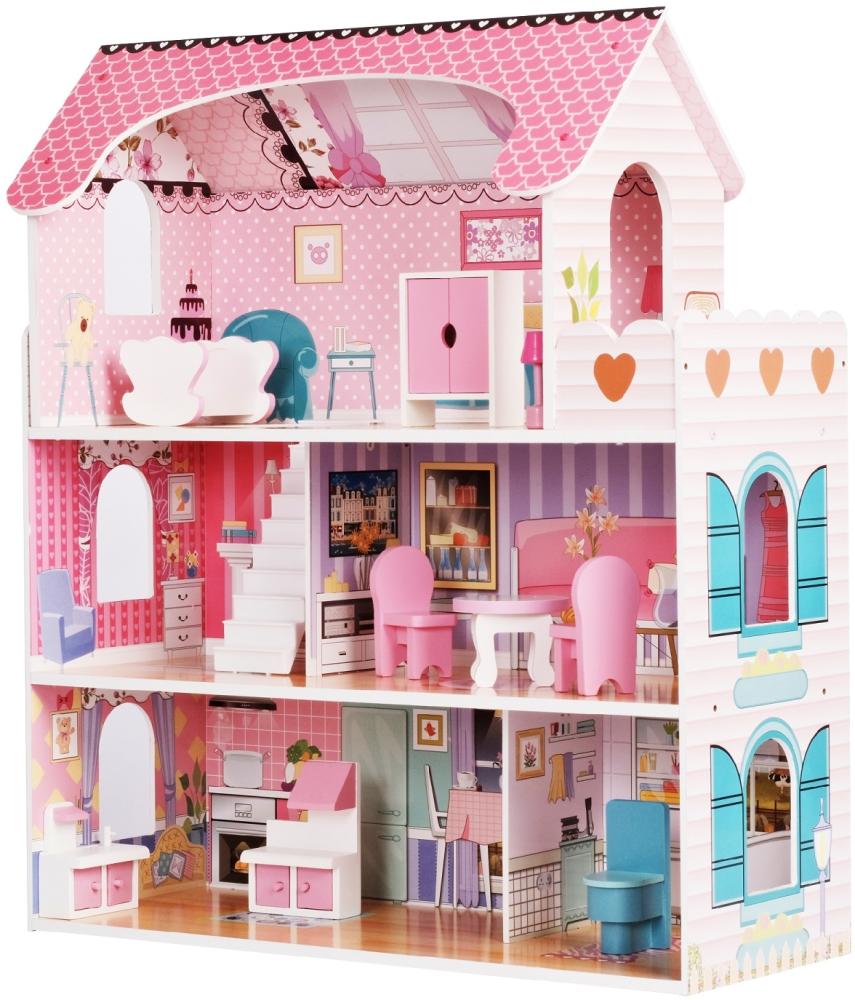 wuuhoo® Puppenhaus Mary aus Holz - große Puppenstube mit 3 Etage inkl. Möbel, Puppenvilla mit 5 Zimmern und Balkon - Holzspielzeug für Kinder Bild 1