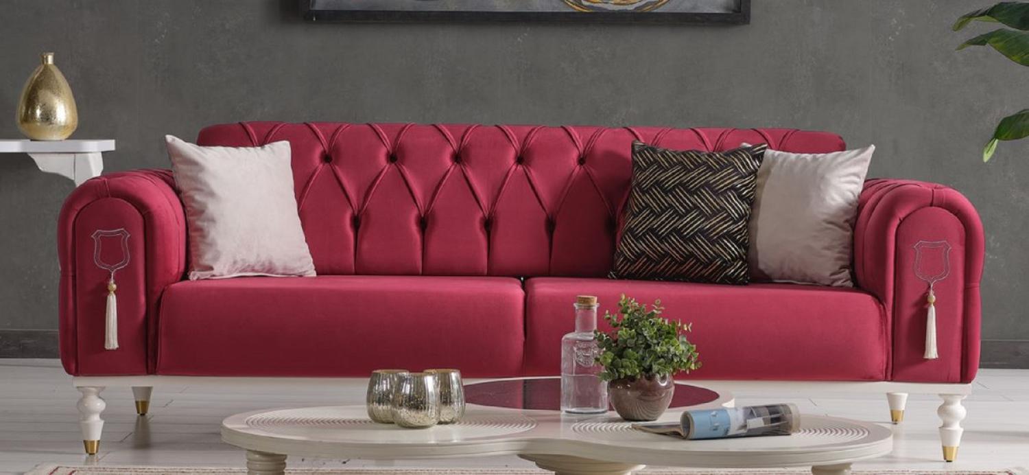 Casa Padrino Luxus Chesterfield Schlafsofa Rot / Weiß / Gold 230 x 95 x H. 83 cm - Wohnzimmer Sofa mit 3 Kissen - Luxus Wohnzimmer Möbel Bild 1