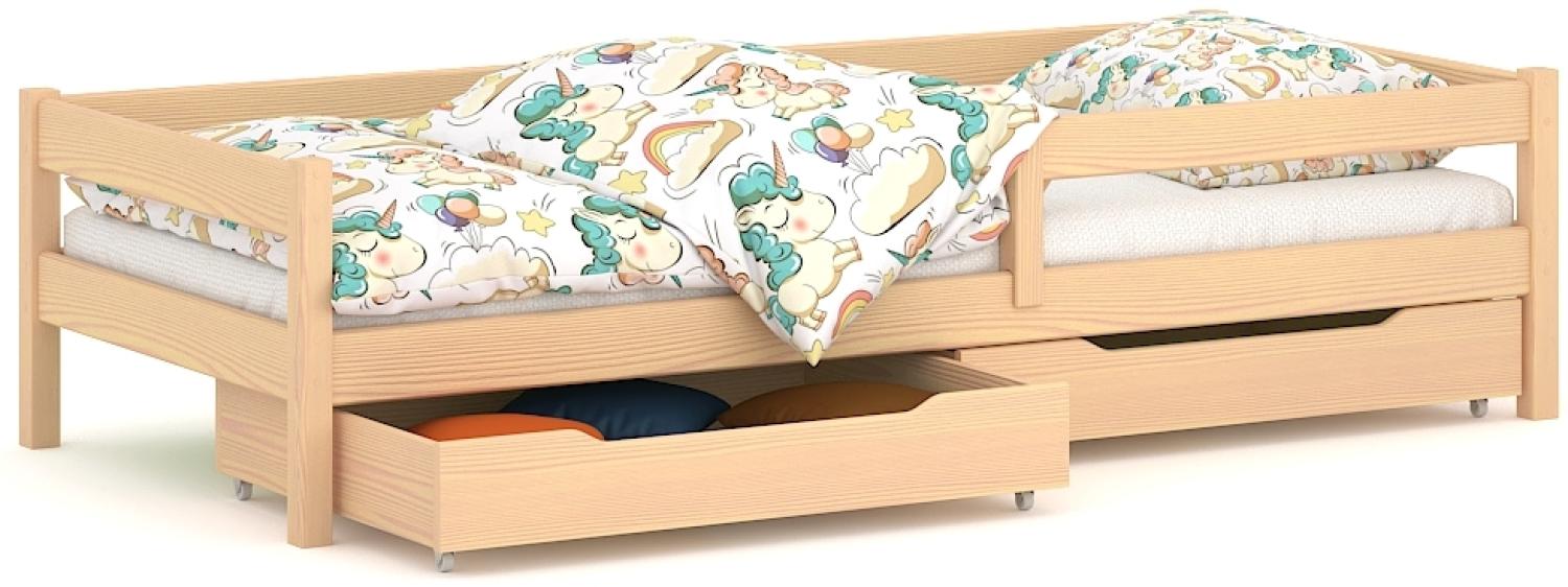 WNM Group Kinderbett für Mädchen und Jungen Felix - Jugenbett aus Massivholz - Bett mit 2 Schubladen und Lattenrost - Funktionsbett - Gebleichte Eiche - 80 x 180 cm Bild 1