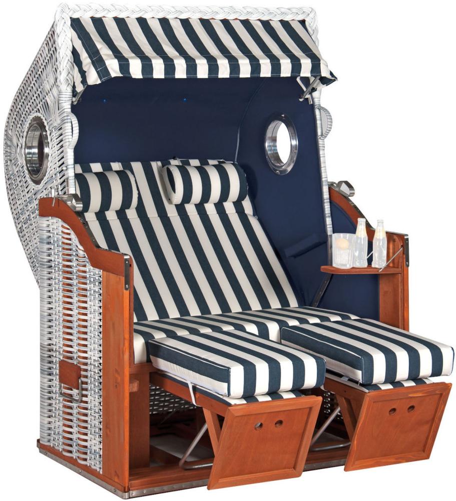 Sonnenpartner Strandkorb Classic 2-Sitzer Halbliegemodell azur/weiß mit Bullaugen Bild 1