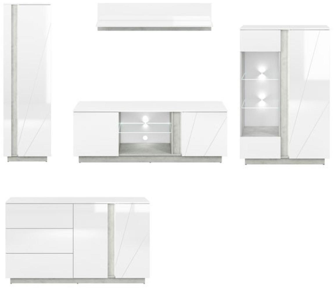 Wohnzimmer-Set "Lumens" Wohnwand 5-teilig beton lichtgrau MDF weiß Hochglanz Bild 1
