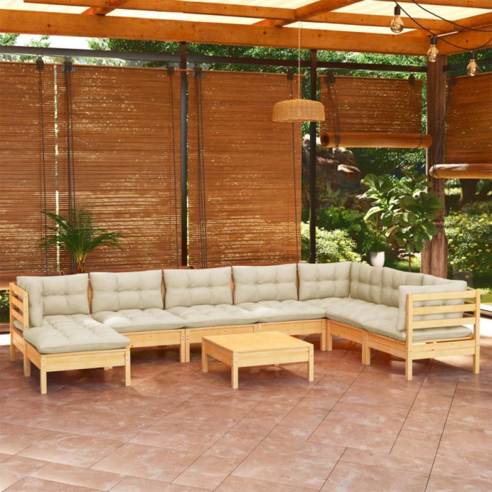 9-tlg. Garten-Lounge-Set mit Creme Kissen Massivholz Kiefer Bild 1