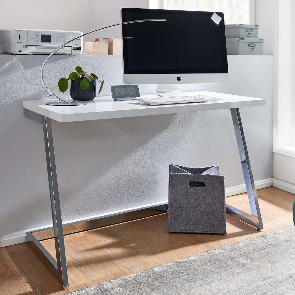 KADIMA DESIGN Moderator Schreibtisch SARNOT - Vielseitiger kleiner Schreibtisch mit Hochglanz-Design, stabilem Metallgestell und barrierefreier Arbeitsfläche. Farbe: Silber Bild 1