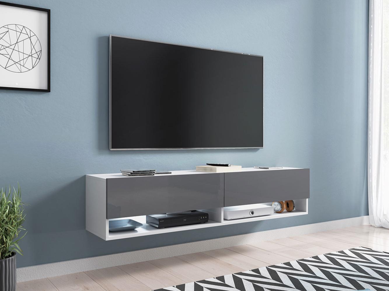 TV-Lowboard Jumbo 140, mit RGB LED Beleuchtung farbig, Farbe: Weiß / Grau Hochglanz Bild 1