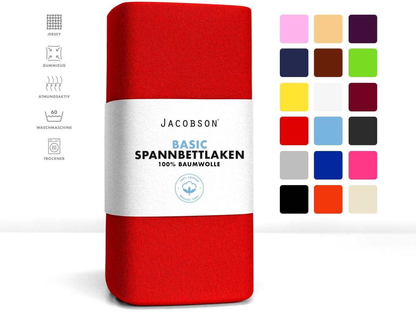 Jacobson Jersey Spannbettlaken Spannbetttuch Baumwolle Bettlaken (Topper 180-200x200 cm, Rot) Bild 1