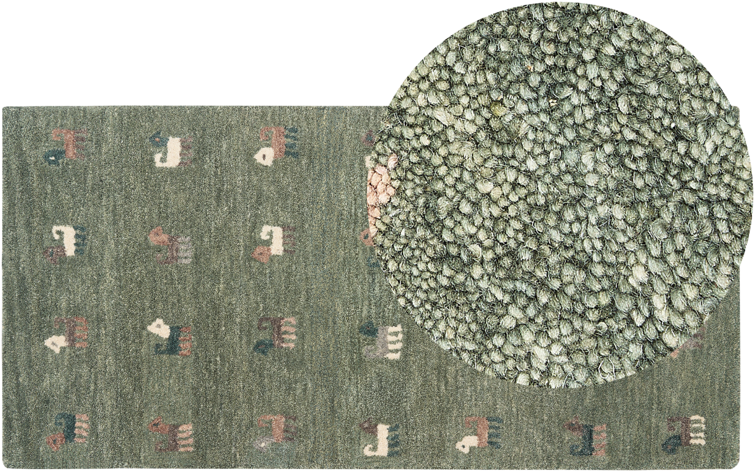 Gabbeh Teppich Wolle grün 80 x 150 cm Tiermotiv Hochflor KIZARLI Bild 1
