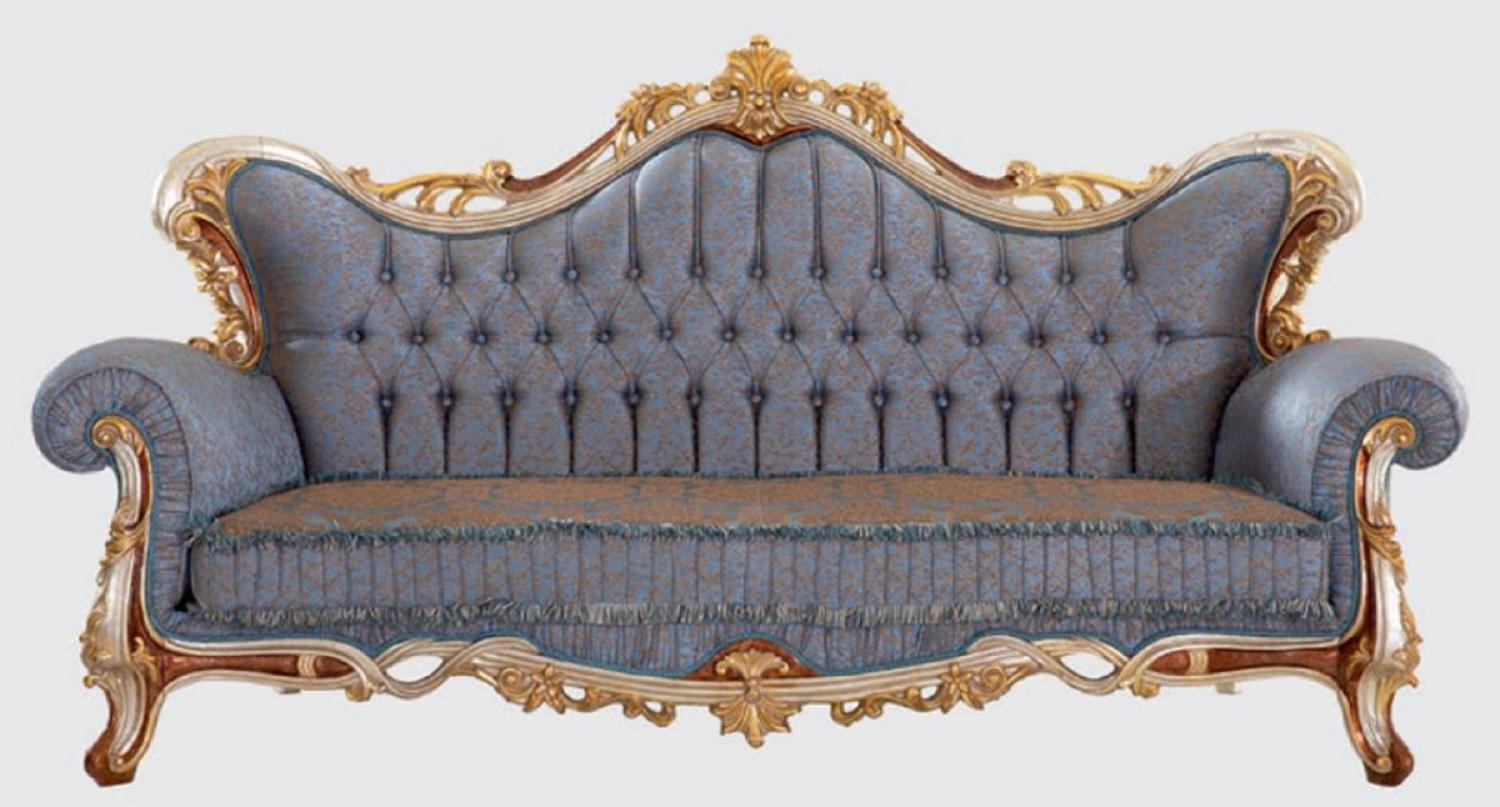 Casa Padrino Luxus Barock Sofa Blau / Kupfer / Silber / Braun / Gold 255 x 100 x H. 128 cm - Prunkvolles Wohnzimmer Sofa mit elegantem Muster Bild 1