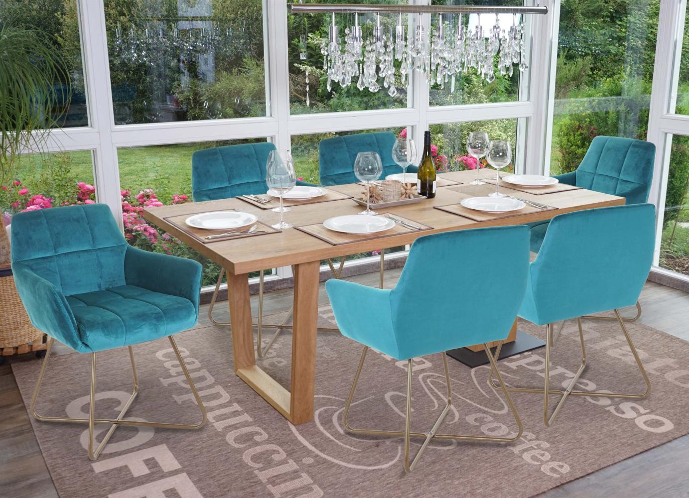 6er-Set Esszimmerstuhl HWC-F37, Stuhl Küchenstuhl, Retro Design Samt goldene Füße ~ petrol-blau Bild 1