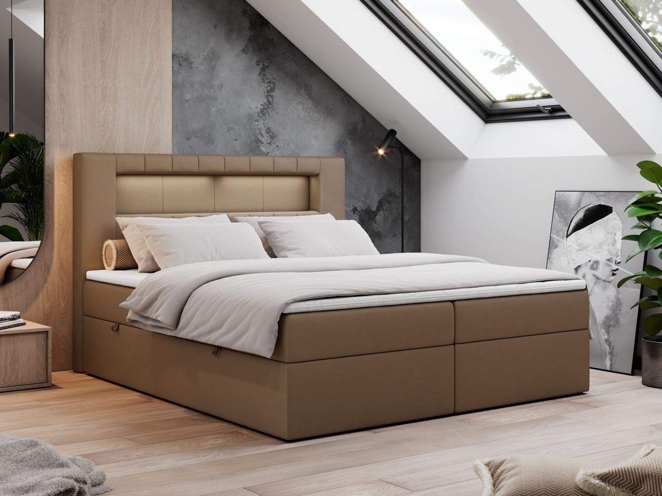 Boxspringbett - Polsterbett mit LED Kopfteil - GOLD-5 - 140x200cm - Braun Kunstleder - H4 Bild 1