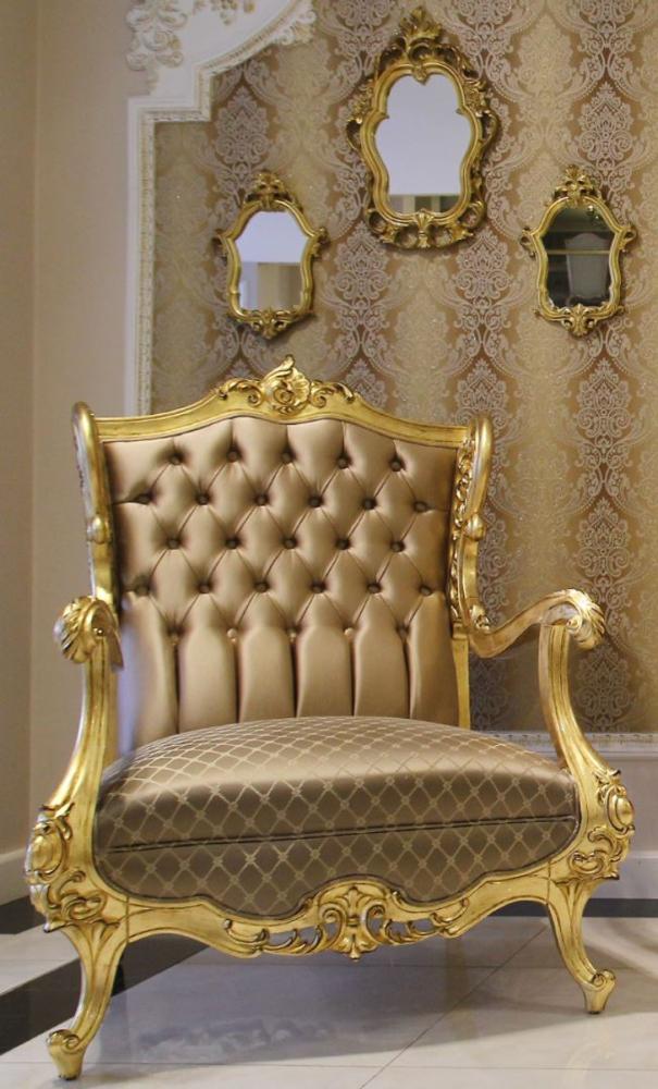 Casa Padrino Luxus Barock Ohrensessel Braun / Gold 85 x 80 x H. 113 cm - Prunkvoller Wohnzimmer Sessel mit edlem Satin Stoff - Edel & Prunkvoll Bild 1
