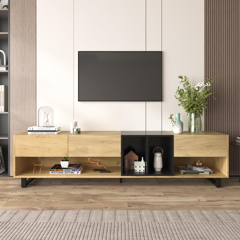 Merax Lowboard, TV-Schrank in Schwarz und Holzfarbe, Wohnzimmermöbel mit Metallbeinen, Schwarz und Holz Bild 1