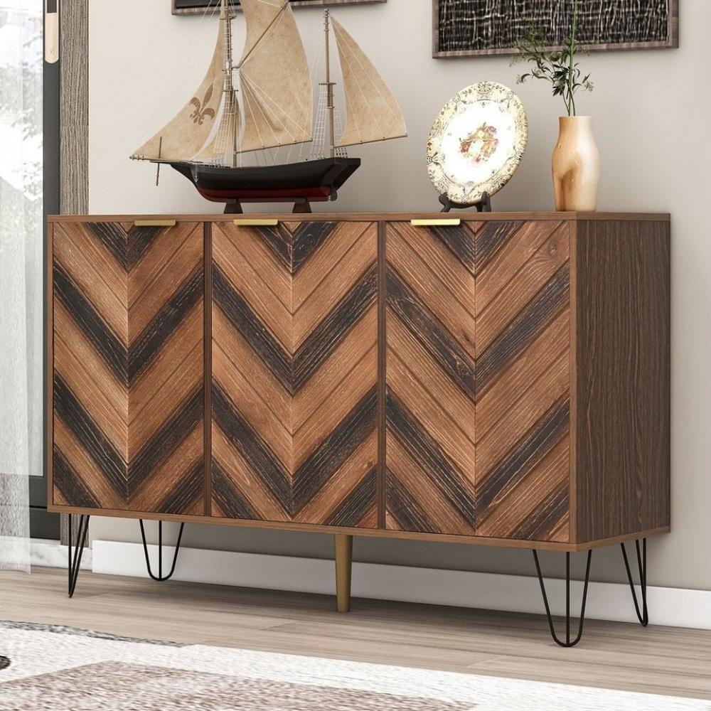 Merax Sideboard mit Fischgrätenmuster Dekor und Eisenfüße, Kommode mit 3 Türen und goldenen Metallgriffe, Highboard Holz, B:120cm Bild 1