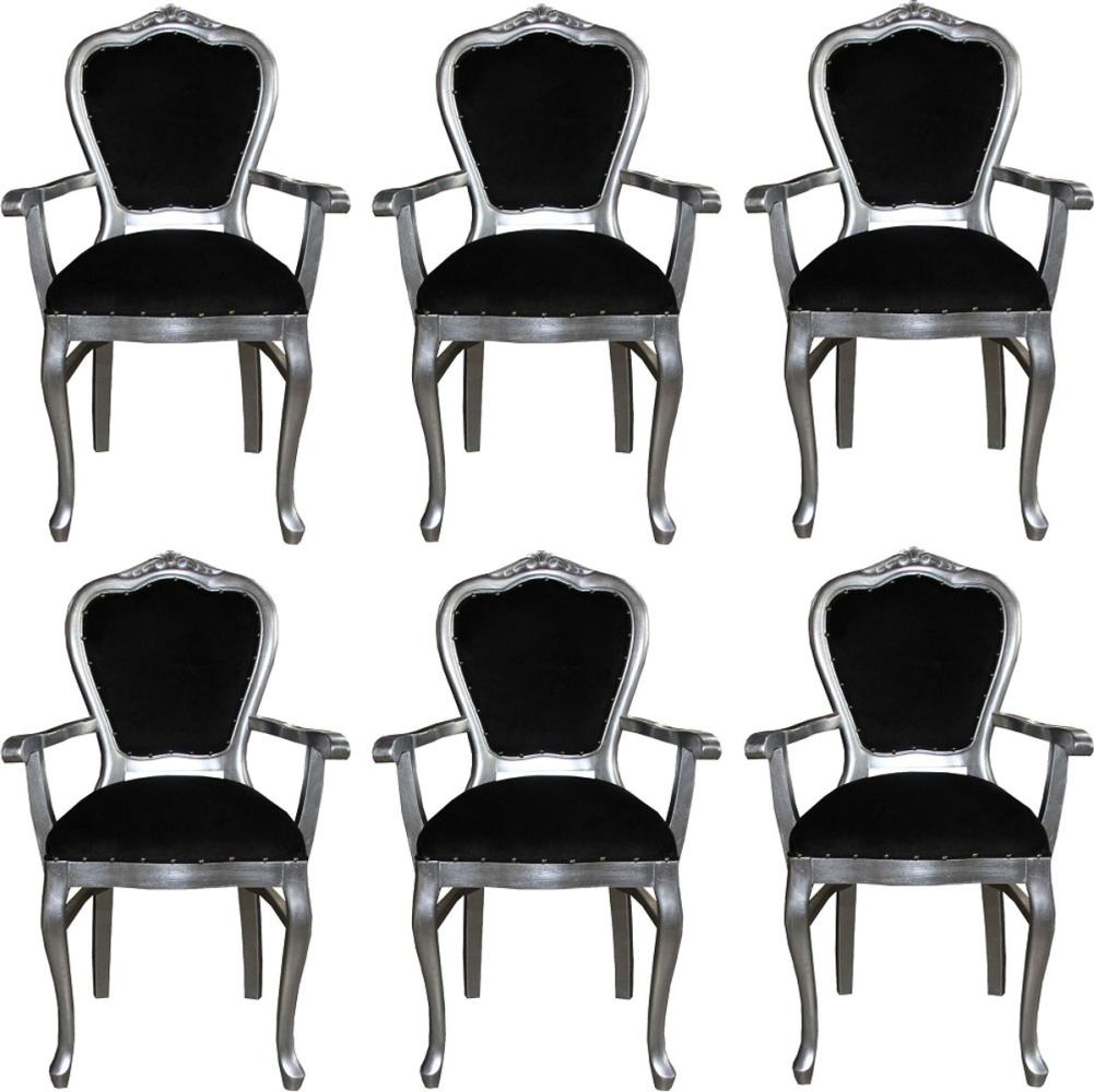 Casa Padrino Luxus Barock Esszimmer Set Schwarz / Silber 60 x 47 x H. 99 cm - 6 handgefertigte Esszimmerstühle mit Armlehnen - Barock Esszimmermöbel Bild 1