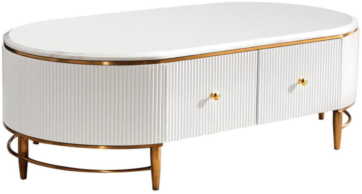 Casa Padrino Luxus Couchtisch Weiß / Messingfarben / Gold 130 x 70 x H. 42 cm - Moderner Wohnzimmertisch mit 4 Schubladen - Moderne Wohnzimmer Möbel Bild 1