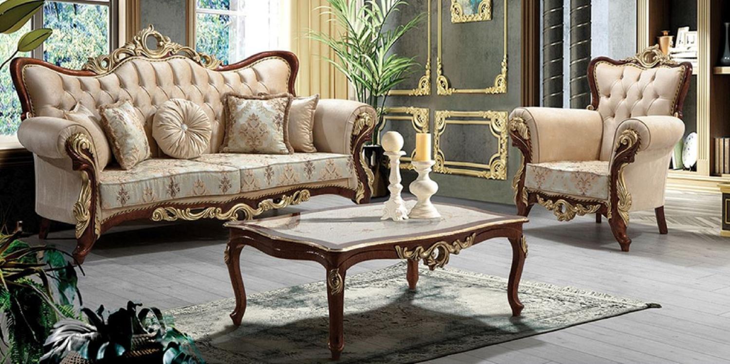 Casa Padrino Luxus Barock Wohnzimmer Set Beige / Braun / Gold - 2 Sofas mit Muster & 2 Sessel mit Muster & 1 Couchtisch - Prunkvolle Barock Wohnzimmer Möbel Bild 1