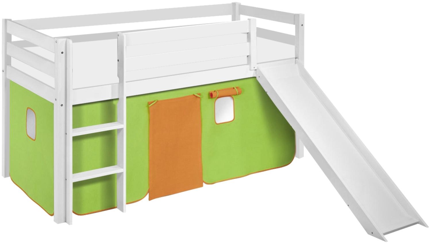 Lilokids 'Jelle' Spielbett 90 x 190 cm, Grün Orange, Kiefer massiv, mit Rutsche und Vorhang Bild 1