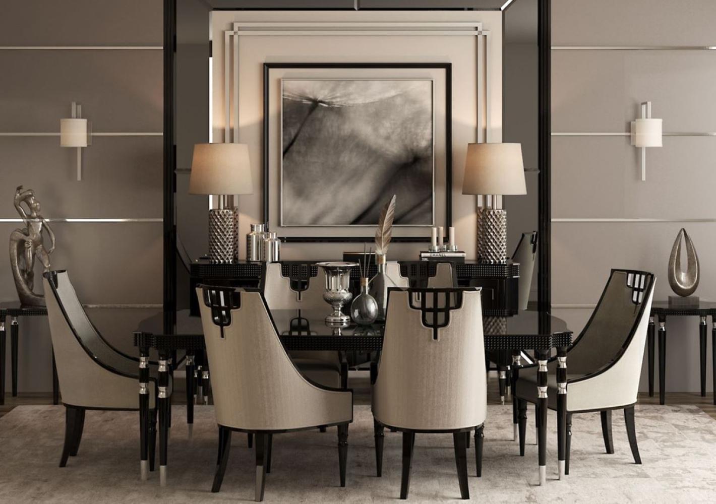 Casa Padrino Luxus Art Deco Esszimmer Set Grau / Schwarz / Silber - 1 Esstisch & 6 Esszimmerstühle - Art Deco Esszimmermöbel - Luxus Qualität Bild 1