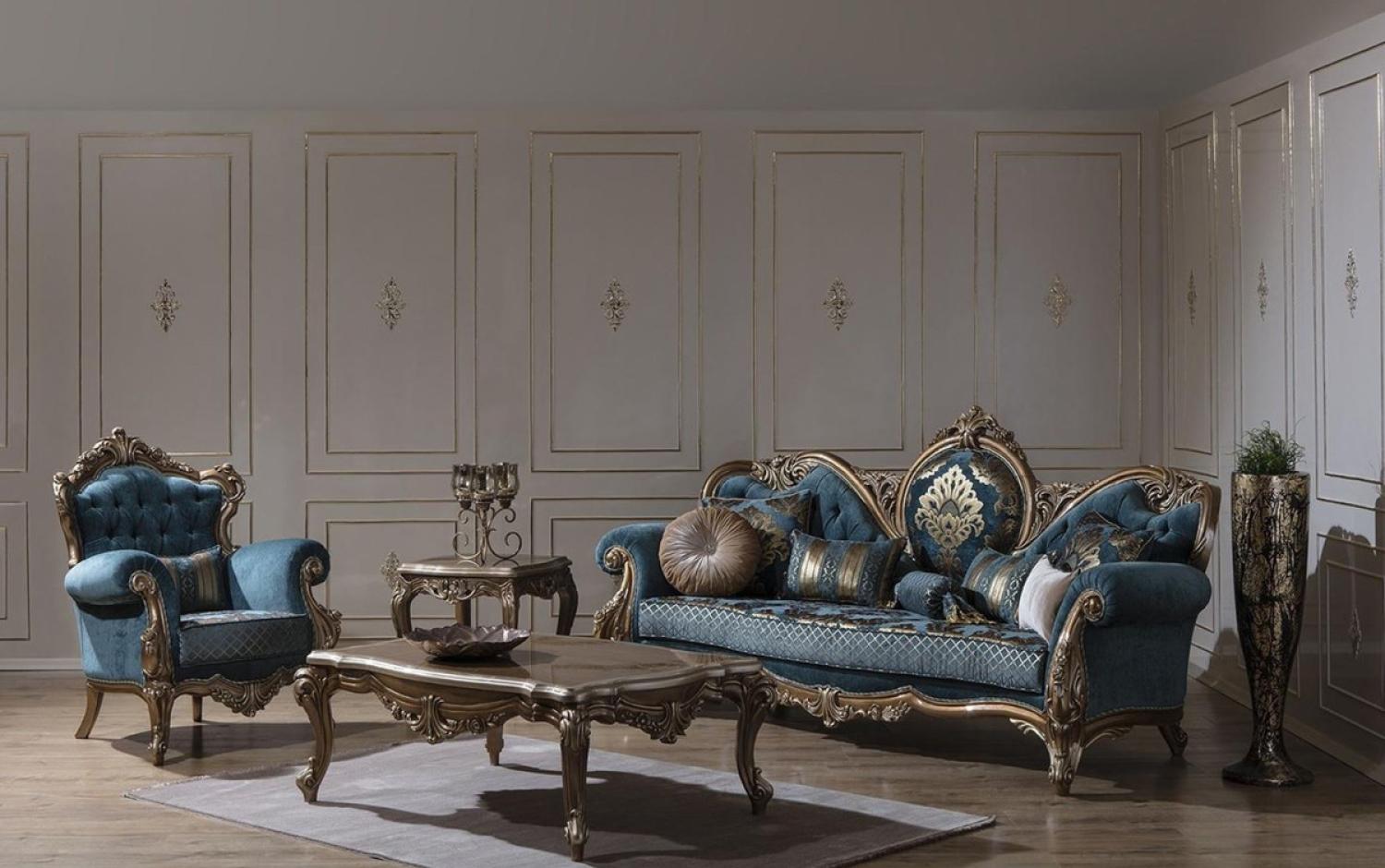 Casa Padrino Luxus Barock Wohnzimmer Set Blau / Gold - 2 Sofas & 2 Sessel & 1 Couchtisch - Prunkvolle Wohnzimmer Möbel im Barockstil Bild 1