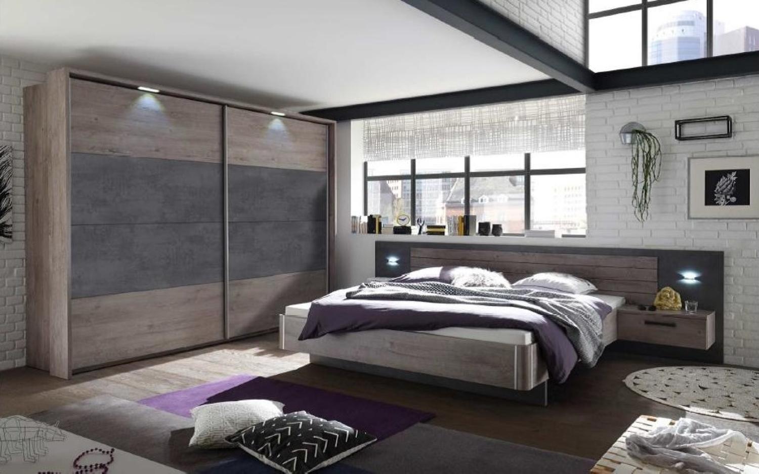 Schlafzimmer Komplett Set Bett 180 Kleiderschrank 270 Eiche Beton braun grau LED Bild 1