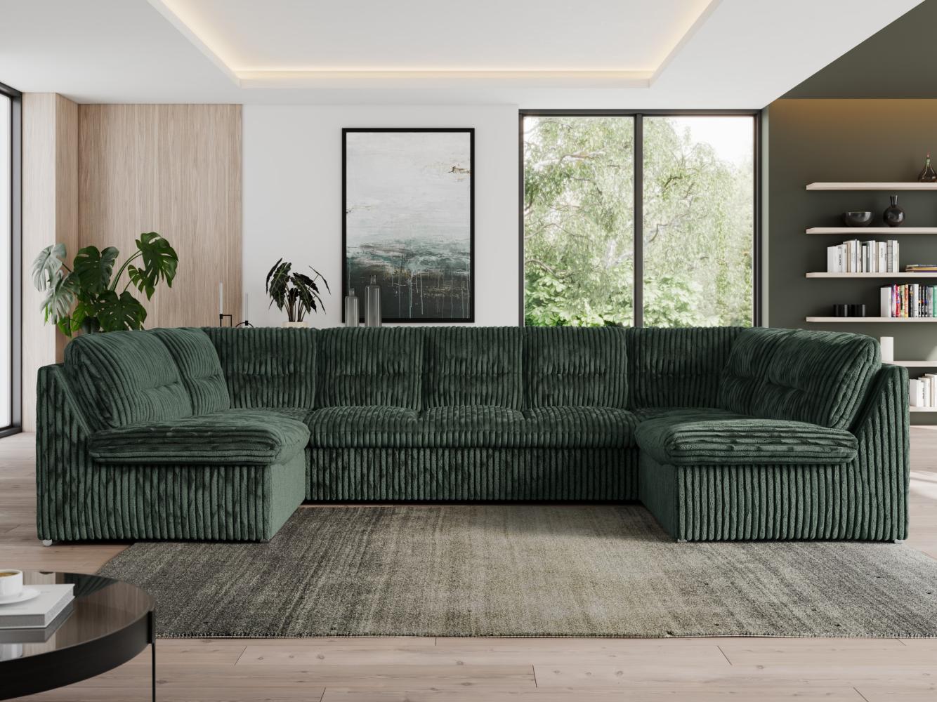 U-förmige Ecksofa, Bigsofa mit schlaffunktion, Wohnlandschaft XXL - MORBIDO U - Grün Cord Bild 1