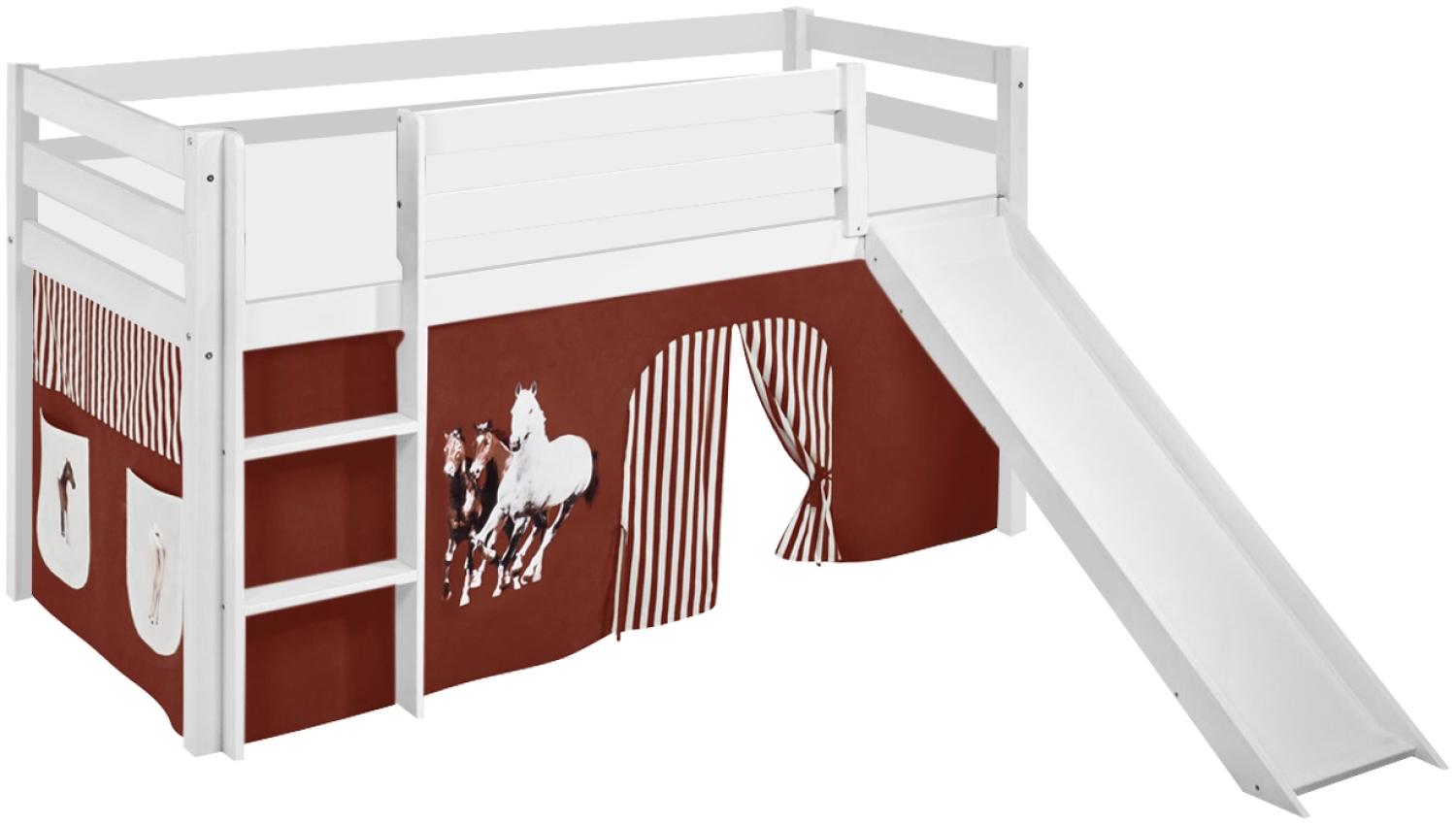 Lilokids 'Jelle' Spielbett 90 x 190 cm, Pferde Braun Beige, Kiefer massiv, mit Rutsche und Vorhang Bild 1