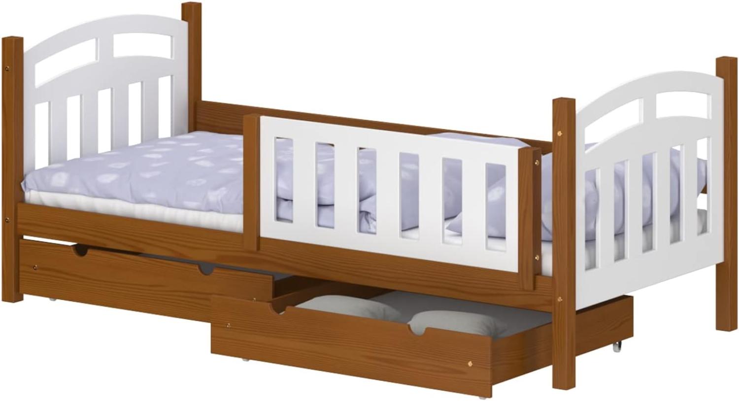 WNM Group Kinderbett mit Rausfallschutz Suzie - Jugenbett aus Massivholz - Bett mit 2 Schubladen für Mädchen und Jungen - Funktionsbett 160x80 cm - Braun Bild 1