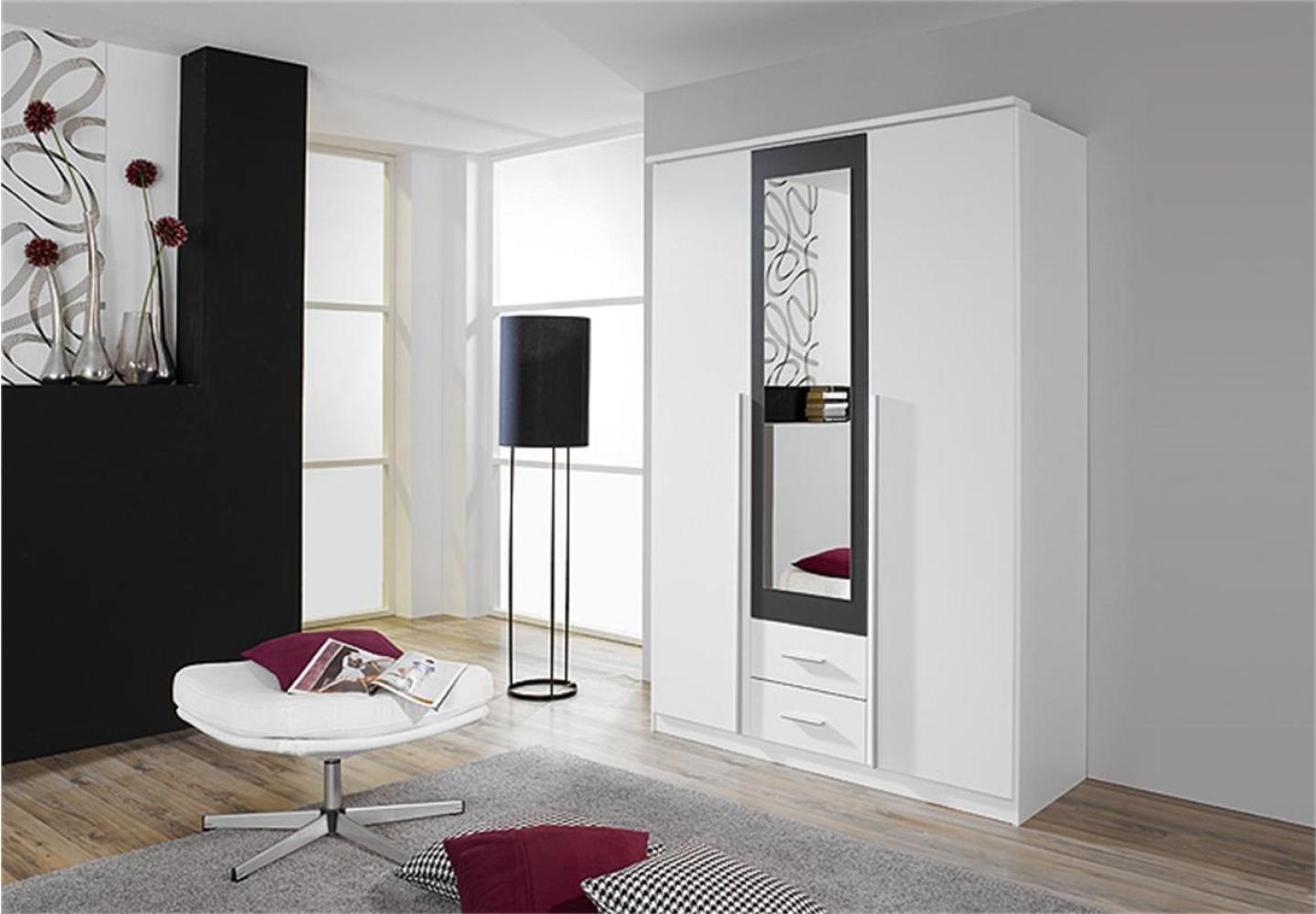 Kleiderschrank KREFELD Weiß und Grau mit Spiegel 136 cm Bild 1