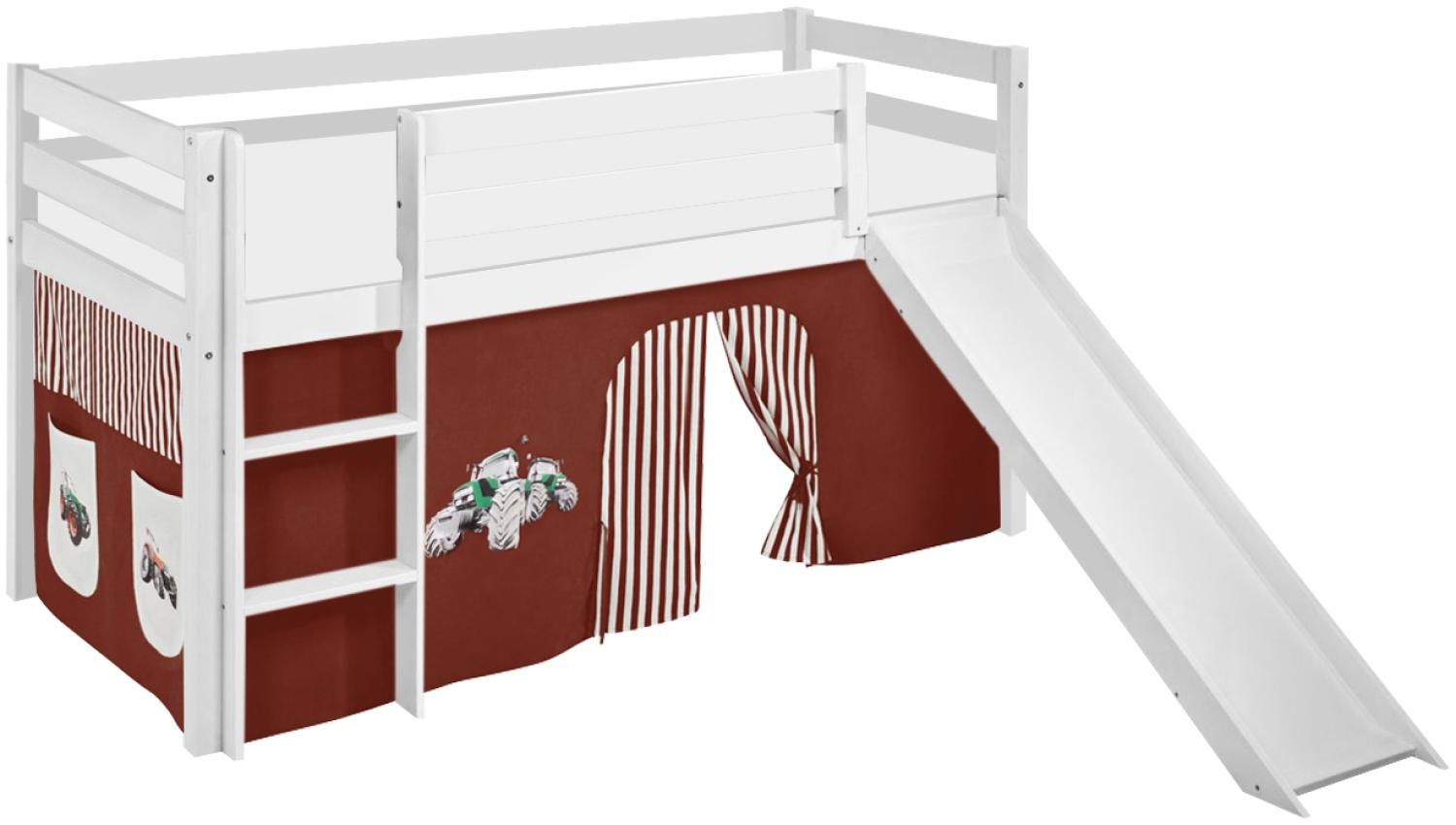 Lilokids 'Jelle' Spielbett 90 x 200 cm, Trecker Braun Beige, Kiefer massiv, mit Rutsche und Vorhang Bild 1