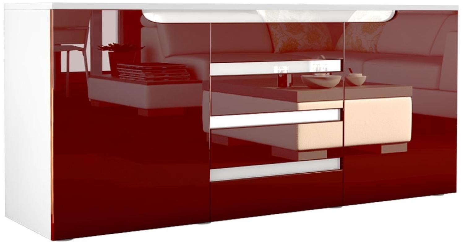 Sideboard Kommode Sylt V1, Korpus in Weiß matt / Front in Bordeaux Hochglanz mit Absetzungen in Weiß Hochglanz (139 x 72 x 35) Bild 1