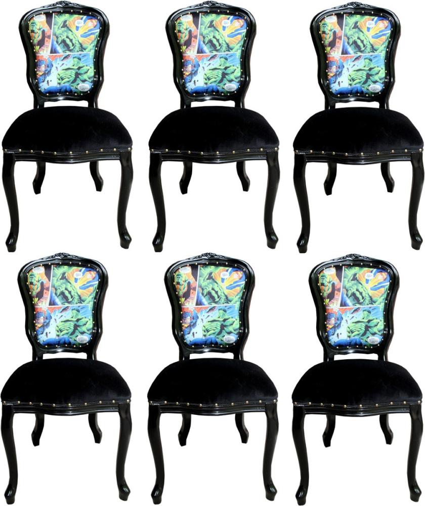 Casa Padrino Luxus Barock Esszimmer Set Comic Mehrfarbig / Schwarz 55 x 54 x H. 103 cm - 6 handgefertigte Esszimmerstühle - Designer Stühle - Barock Esszimmermöbel Bild 1
