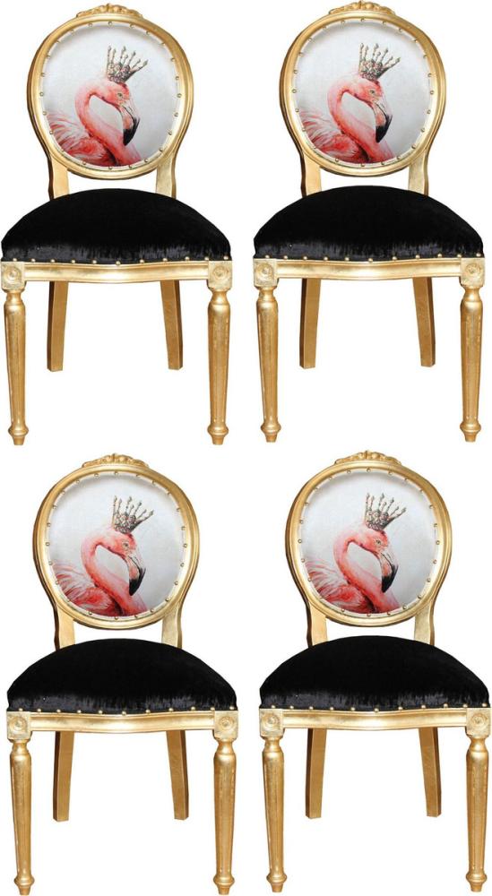 Casa Padrino Luxus Barock Esszimmer Set Flamingo mit Krone Gold / Schwarz / Mehrfarbig 48 x 50 x H. 98 cm - 4 handgefertigte Esszimmerstühle mit Bling Bling Glitzersteinen - Barock Esszimmermöbel Bild 1