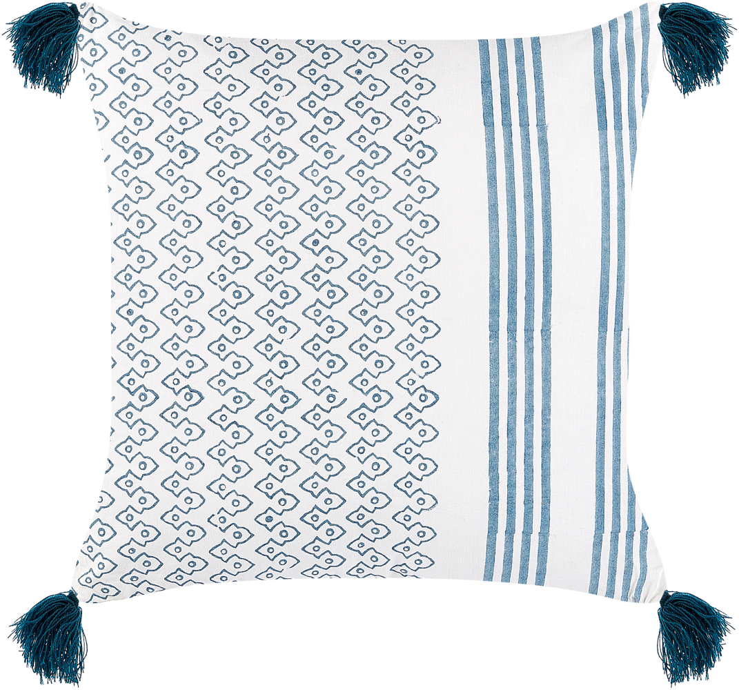 Dekokissen geometrisches Muster Baumwolle weiß blau mit Quasten 45 x 45 cm TILIA Bild 1