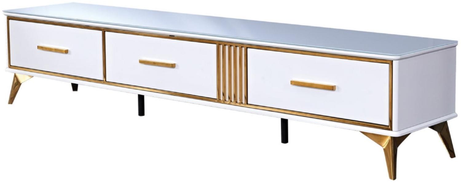 Casa Padrino Luxus TV Schrank Weiß / Gold 200 x 40 x H. 41 cm - Modernes Wohnzimmer Sideboard mit 3 Schubladen - Moderne Wohnzimmer TV Möbel Bild 1