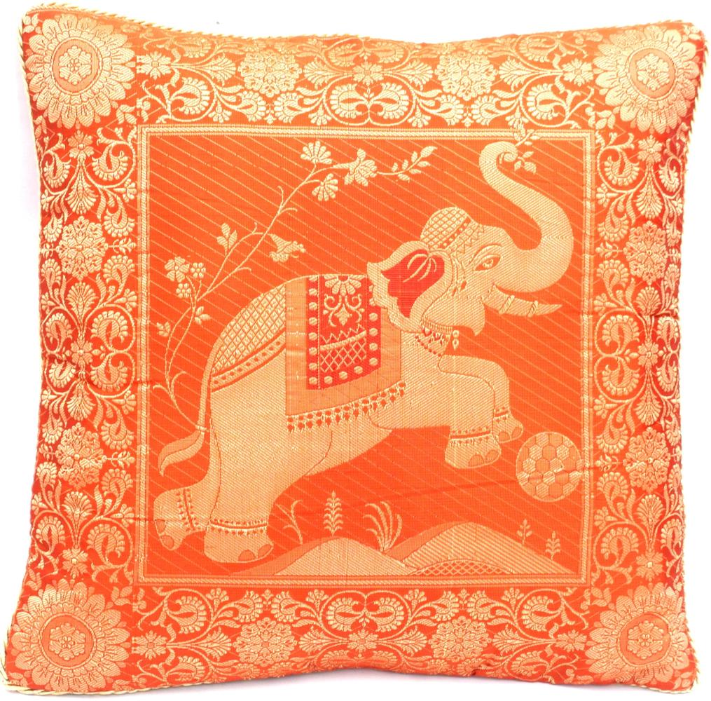 Handgewebter indischer Banarasi Seide Deko-Kissenbezug mit Extravaganten Elefant Design in Orange und mit Umrandung - 40 cm x 40 cm Bild 1