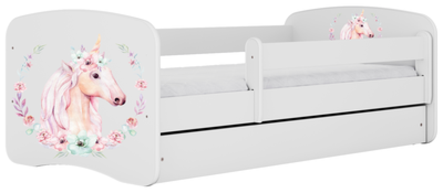 Kinderbett 160x80 mit Rausfallschutz, Lattenrost & Schublade in weiß 80 x 160 Mädchen Bett rosa Pferd Bild 1