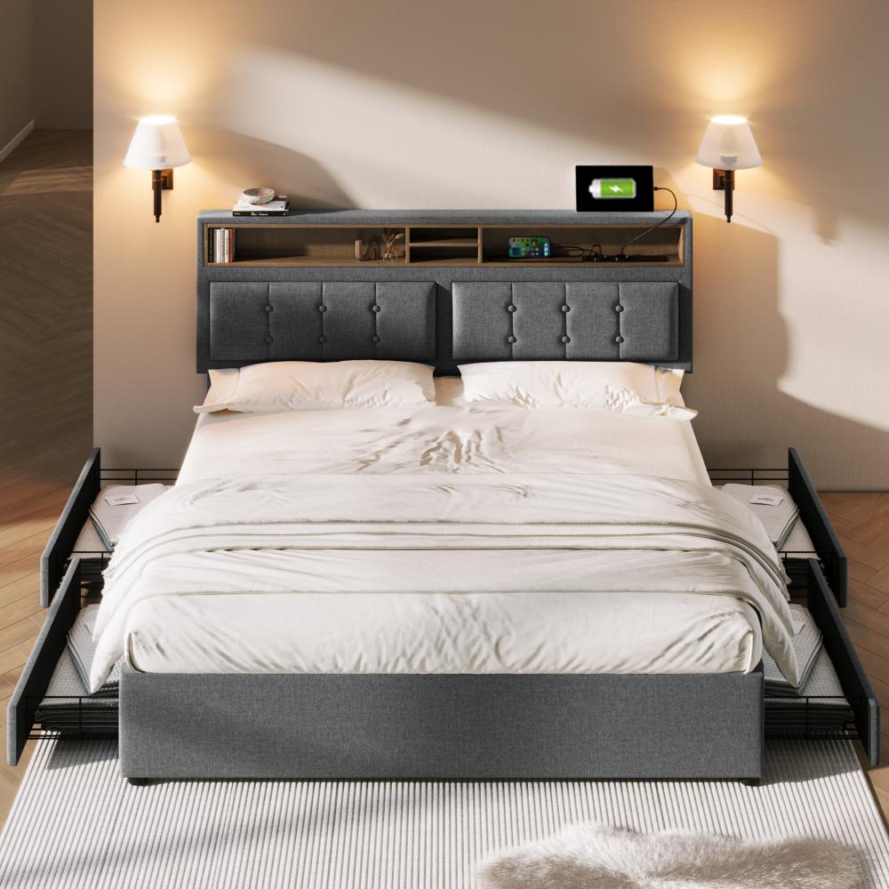 Merax Doppelbett mit 4 Schubladen& USB C Steckdose, Polsterbett 160x200cm, Höhenverstellbarem Kopfteil, Lattenrost aus Holz(Ohne Matratze) , Grau Bild 1