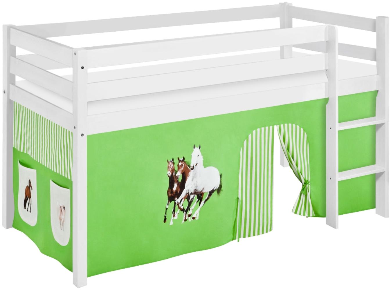 Lilokids 'Jelle' Spielbett 90 x 190 cm, Pferde Grün Beige, Kiefer massiv, mit Vorhang Bild 1